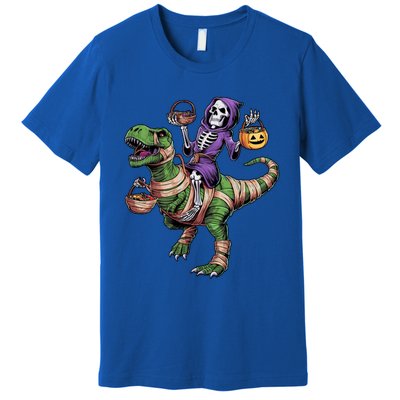 Halloween Funny Skeleton Riding Mummy Dinosaur Trex Great Gift Premium T-Shirt