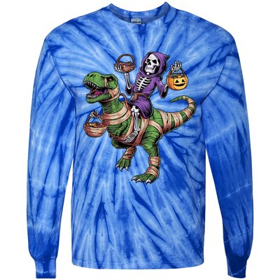 Halloween Funny Skeleton Riding Mummy Dinosaur Trex Great Gift Tie-Dye Long Sleeve Shirt