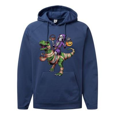 Halloween Funny Skeleton Riding Mummy Dinosaur Trex Great Gift Performance Fleece Hoodie