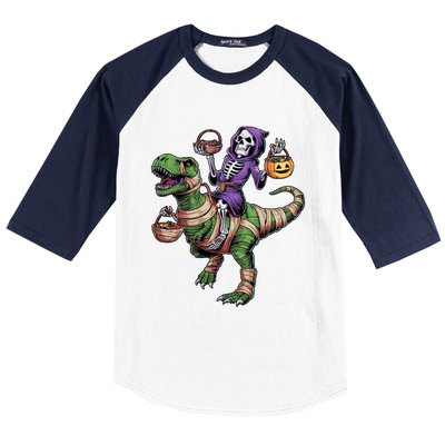 Halloween Funny Skeleton Riding Mummy Dinosaur Trex Great Gift Baseball Sleeve Shirt