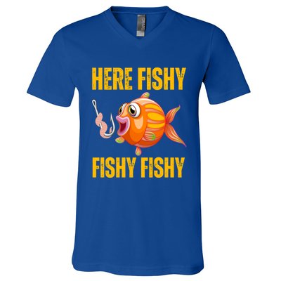 Here Fishy Saying Cute Fish Fishing Lovers Gift V-Neck T-Shirt