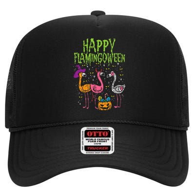 Happy Flamingoween Scary Flamingos Funny Halloween Costume High Crown Mesh Back Trucker Hat