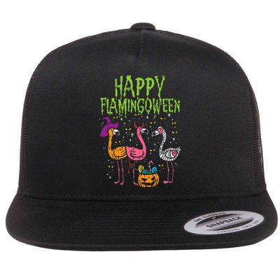 Happy Flamingoween Scary Flamingos Funny Halloween Costume Flat Bill Trucker Hat