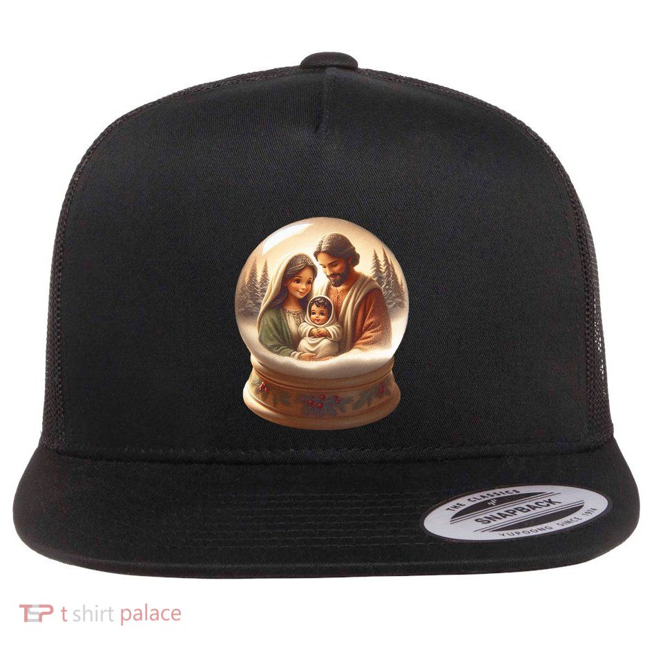 Holy Family Snow Globe Flat Bill Trucker Hat