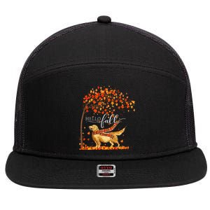 Hello Fall Tree Thanksgiving Dog Lover Golden Retriever 7 Panel Mesh Trucker Snapback Hat