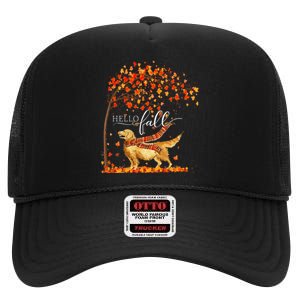 Hello Fall Tree Thanksgiving Dog Lover Golden Retriever High Crown Mesh Back Trucker Hat