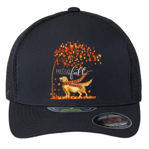 Hello Fall Tree Thanksgiving Dog Lover Golden Retriever Flexfit Unipanel Trucker Cap