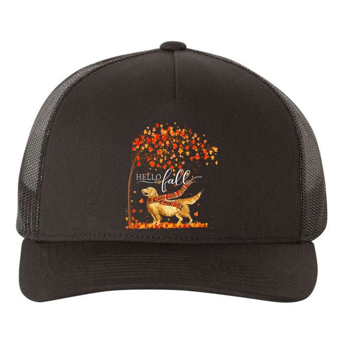 Hello Fall Tree Thanksgiving Dog Lover Golden Retriever Yupoong Adult 5-Panel Trucker Hat