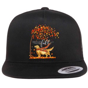 Hello Fall Tree Thanksgiving Dog Lover Golden Retriever Flat Bill Trucker Hat