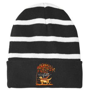 Hello Fall Tree Thanksgiving Dog Lover Golden Retriever Striped Beanie with Solid Band