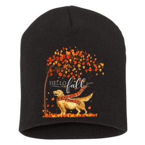 Hello Fall Tree Thanksgiving Dog Lover Golden Retriever Short Acrylic Beanie