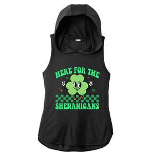 Here For The Shenanigans Groovy St Patricks Day Shamrock Gift Ladies PosiCharge Tri-Blend Wicking Draft Hoodie Tank