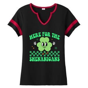 Here For The Shenanigans Groovy St Patricks Day Shamrock Gift Ladies Halftime Notch Neck Tee