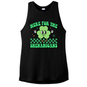 Here For The Shenanigans Groovy St Patricks Day Shamrock Gift Ladies PosiCharge Tri-Blend Wicking Tank