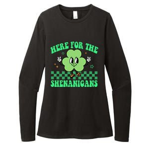 Here For The Shenanigans Groovy St Patricks Day Shamrock Gift Womens CVC Long Sleeve Shirt