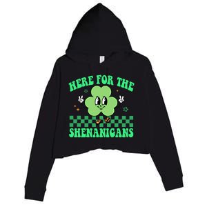 Here For The Shenanigans Groovy St Patricks Day Shamrock Gift Crop Fleece Hoodie