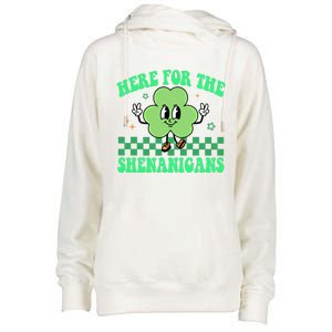 Here For The Shenanigans Groovy St Patricks Day Shamrock Gift Womens Funnel Neck Pullover Hood