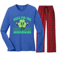 Here For The Shenanigans Groovy St Patricks Day Shamrock Gift Women's Long Sleeve Flannel Pajama Set 