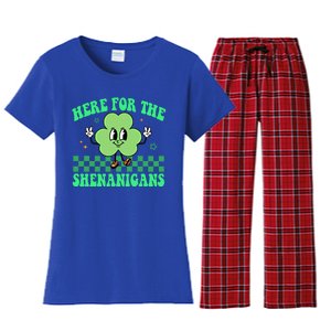 Here For The Shenanigans Groovy St Patricks Day Shamrock Gift Women's Flannel Pajama Set