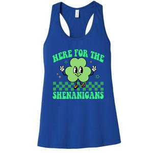 Here For The Shenanigans Groovy St Patricks Day Shamrock Gift Women's Racerback Tank