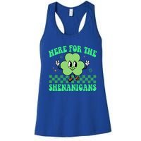 Here For The Shenanigans Groovy St Patricks Day Shamrock Gift Women's Racerback Tank