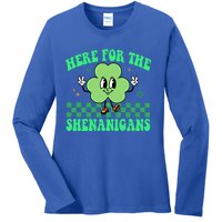 Here For The Shenanigans Groovy St Patricks Day Shamrock Gift Ladies Long Sleeve Shirt