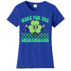 Here For The Shenanigans Groovy St Patricks Day Shamrock Gift Women's T-Shirt