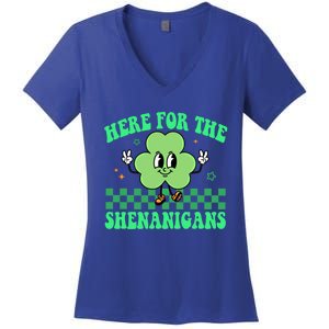 Here For The Shenanigans Groovy St Patricks Day Shamrock Gift Women's V-Neck T-Shirt