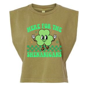 Here For The Shenanigans Groovy St Patricks Day Shamrock Gift Garment-Dyed Women's Muscle Tee