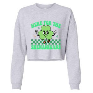 Here For The Shenanigans Groovy St Patricks Day Shamrock Gift Cropped Pullover Crew