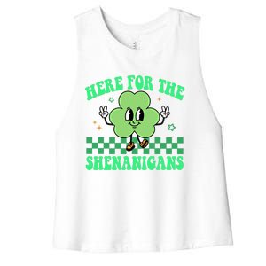 Here For The Shenanigans Groovy St Patricks Day Shamrock Gift Women's Racerback Cropped Tank