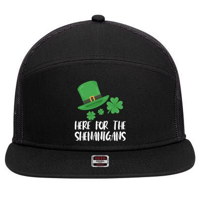 Here For The Shenanigans St Patricks Day Funny Gift 7 Panel Mesh Trucker Snapback Hat