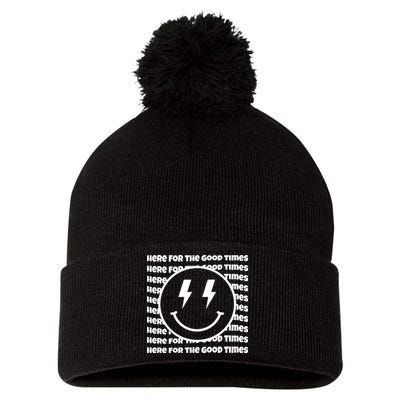 Here For The Good Times Retro Smile Pom Pom 12in Knit Beanie