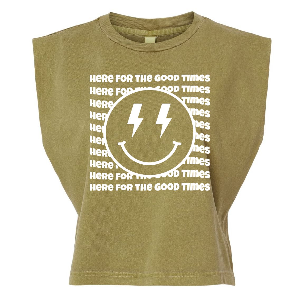 Here For The Good Times Retro Smile Garment-Dyed Women's Muscle Tee