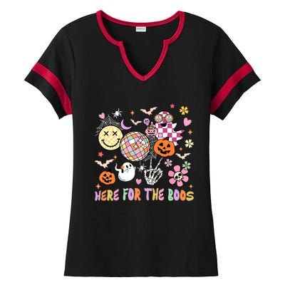 Here For The Boos Groovy Ghost Retro Disco Halloween Costume Meaningful Gift Ladies Halftime Notch Neck Tee