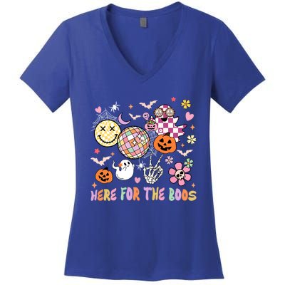 Here For The Boos Groovy Ghost Retro Disco Halloween Costume Meaningful Gift Women's V-Neck T-Shirt