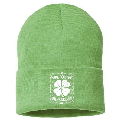 Here For The Shenanigans Happy St Patricks Day Shamrock Gift Sustainable Knit Beanie