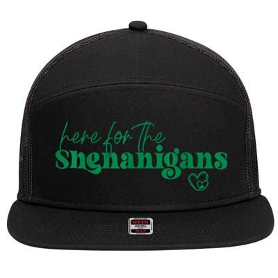 Here For The Shenanigans Funny St Patrick's Day 7 Panel Mesh Trucker Snapback Hat