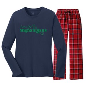 Here For The Shenanigans Funny St Patrick's Day Women's Long Sleeve Flannel Pajama Set 