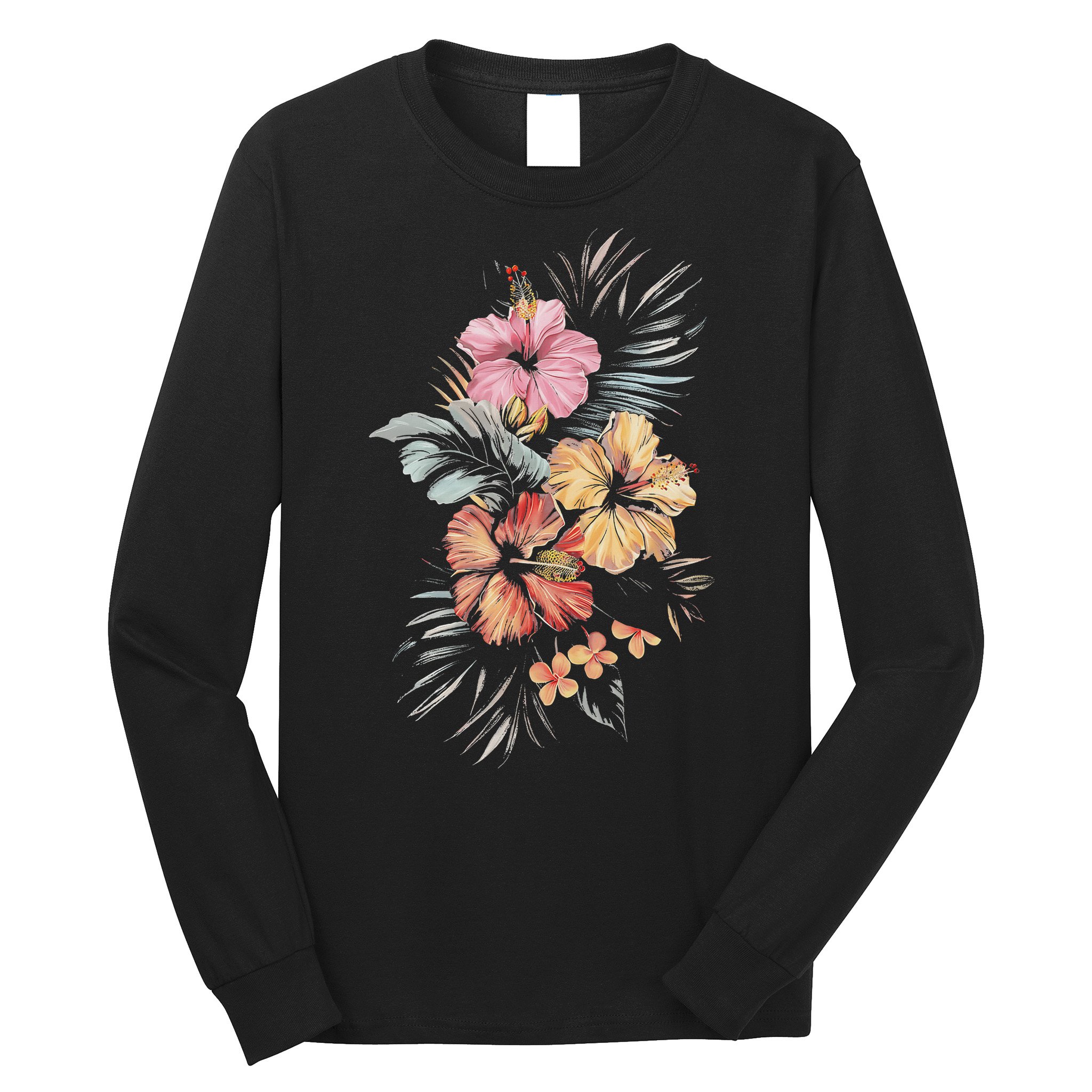 Hibiscus Flowers Tropical Floral Print Exotic Plant Design Long Sleeve Shirt