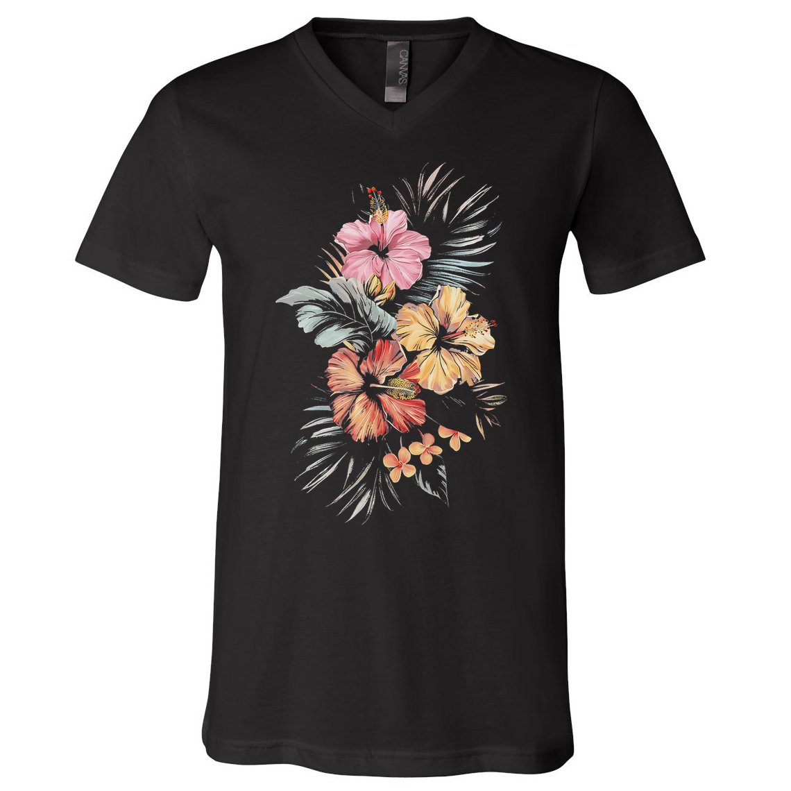 Hibiscus Flowers Tropical Floral Print Exotic Plant Design V-Neck T-Shirt