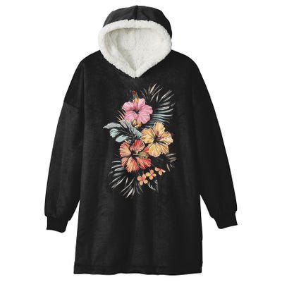 Hibiscus Flowers Tropical Floral Print Exotic Plant Design Hooded Wearable Blanket