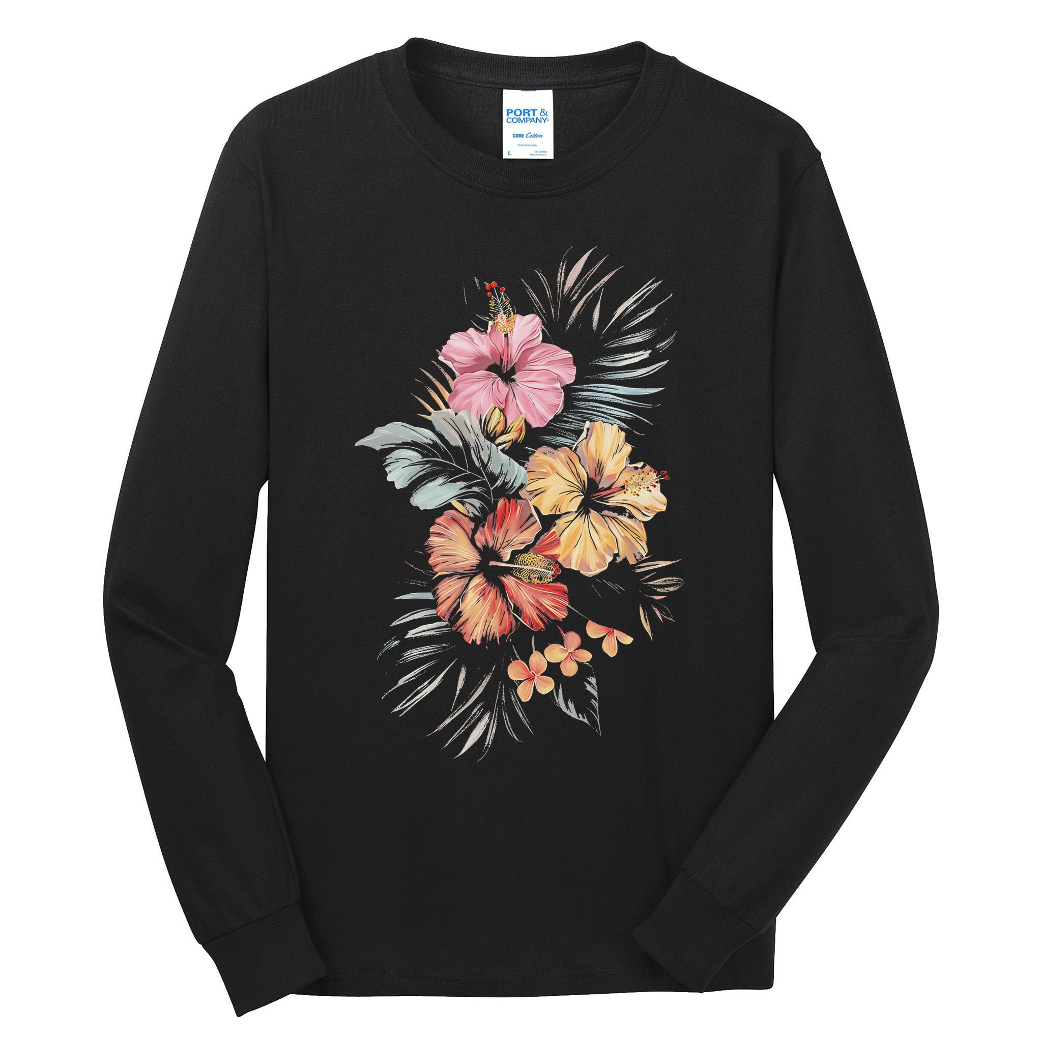 Hibiscus Flowers Tropical Floral Print Exotic Plant Design Tall Long Sleeve T-Shirt