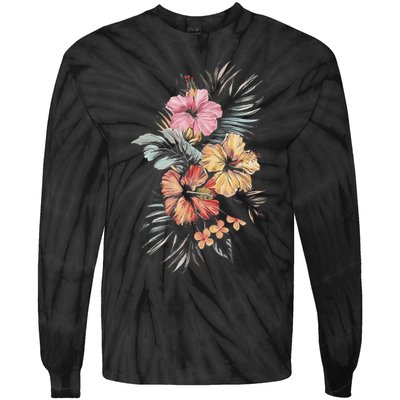 Hibiscus Flowers Tropical Floral Print Exotic Plant Design Tie-Dye Long Sleeve Shirt