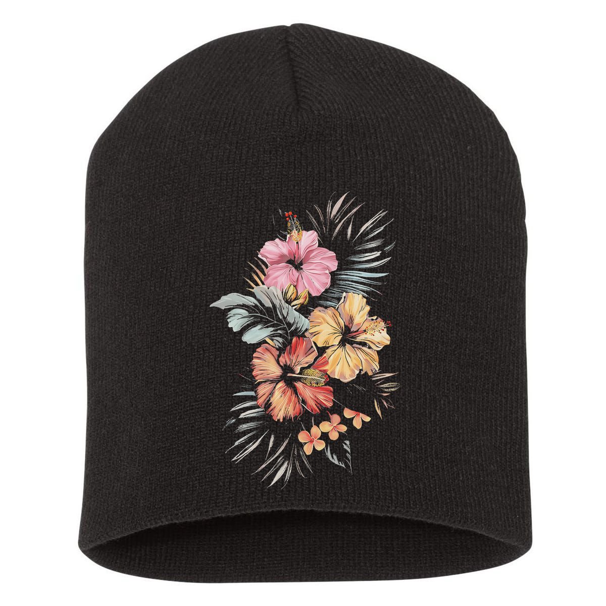 Hibiscus Flowers Tropical Floral Print Exotic Plant Design Short Acrylic Beanie