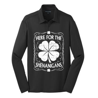 Here For The Shenanigans Happy St Patricks Day Shamrock Gift Silk Touch Performance Long Sleeve Polo