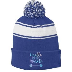 Hustle For That Muscle Gym Barbell Lifting Weights Workout Gift Stripe Pom Pom Beanie