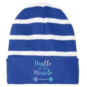 Hustle For That Muscle Gym Barbell Lifting Weights Workout Gift Striped Beanie with Solid Band