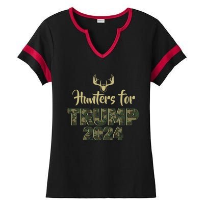 Hunters For Trump 2024 President Camouflage Deer Elk Antlers Gift Ladies Halftime Notch Neck Tee