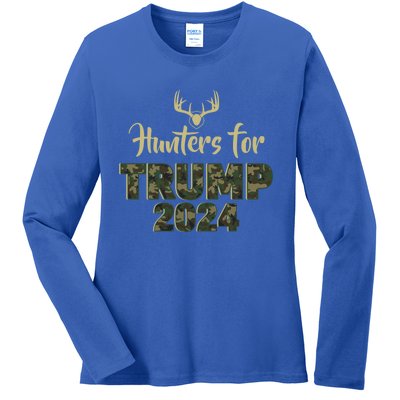 Hunters For Trump 2024 President Camouflage Deer Elk Antlers Gift Ladies Long Sleeve Shirt